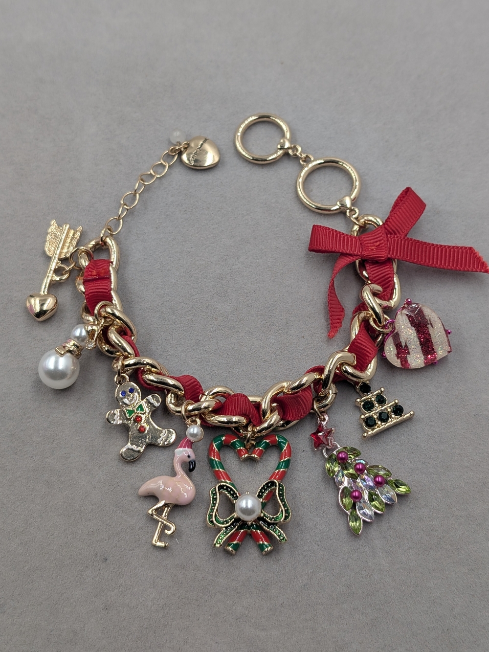 Betsey Johnson Holiday Whimsy Christmas Charm Bracelet Red Ribbon | 1314
